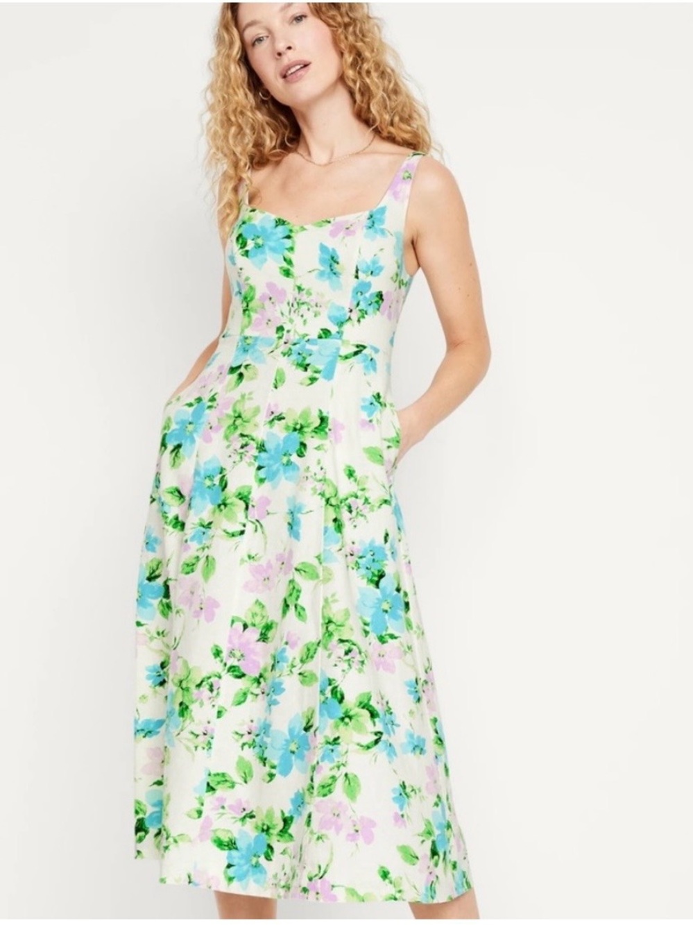 Old Navy Linen Blend Floral Midi Dress - White, Blue, Green XL